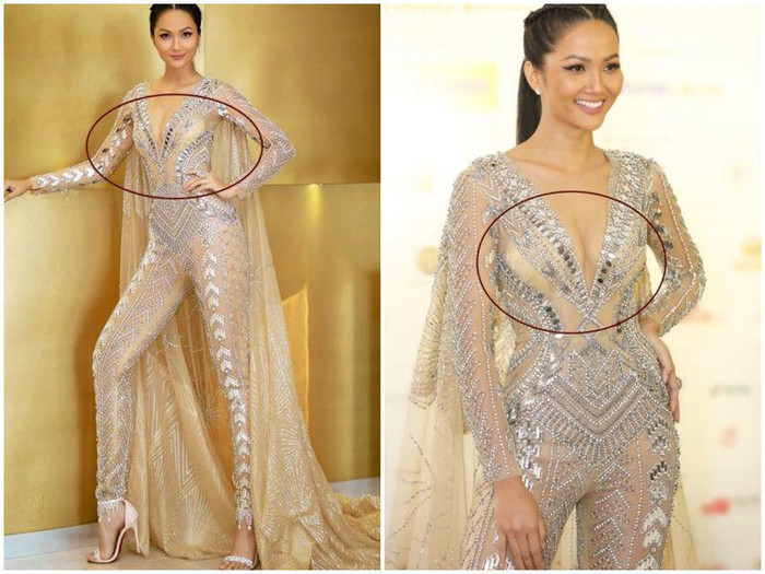 Trước đó, nàng Hậu cũng từng khiến công chúng 'nhức mắt' khi lộ miếng mút dày cộm dưới phần vải xuyên thấu. 