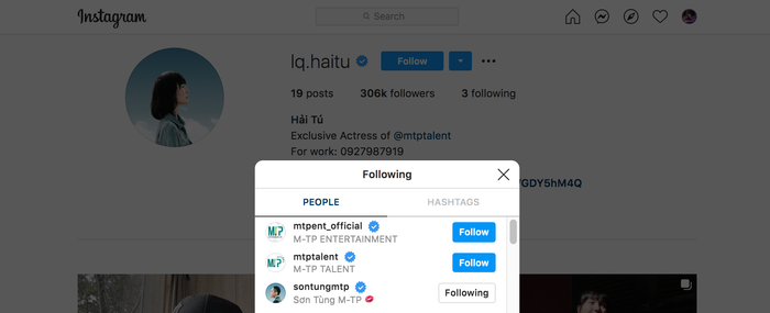 Hải Tú chỉ follow mình Sơn Tùng M-TP.