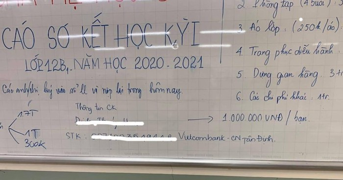 Các khoản thu cuối kỳ I được cho là của 1 lớp 12 ở Trường THPT Lê Quý Đôn. Ảnh: VNN