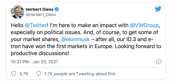 Ông Herbert Diess, CEO Volkswagen, gia nhập Facebook hồi tháng 12 năm ngoái song chỉ vừa mới chia sẻ dòng tweet đầu tiên. Ảnh chụp màn hình