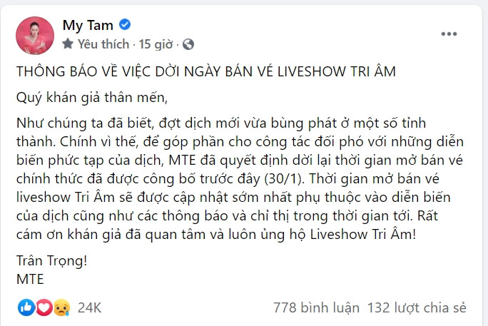 Mỹ Tâm thông báo dời ngày bán vé liveshow Tri Âm.