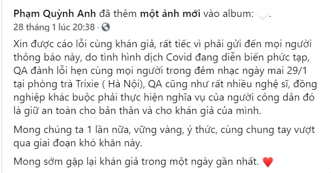 Phạm Quỳnh Anh hủy đêm nhạc tại Hà Nội.