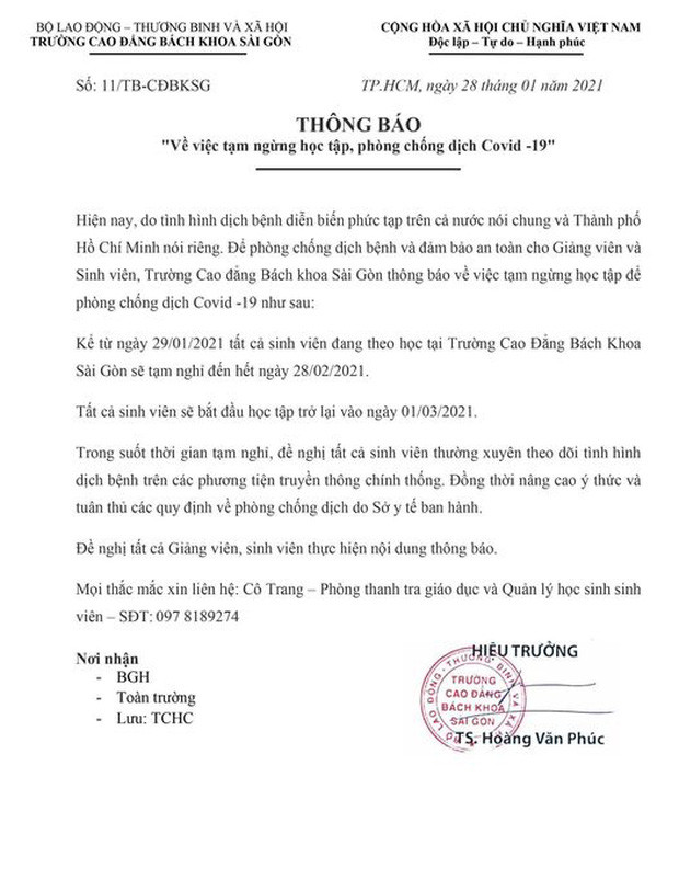 Trường Cao đẳng Bách khoa Sài Gòn thông báo khẩn về việc tạm ngừng học tập nghỉ Tết nguyên đán Tân Sửu nhằm phòng, chống dịch Covid- 19