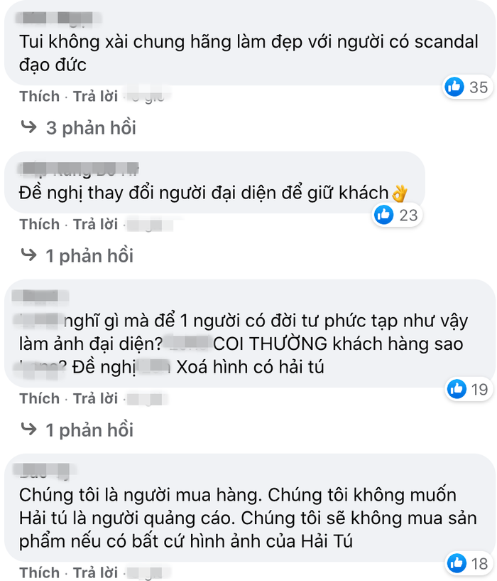 Hàng loạt bình luận tấn công fanpage nhãn hàng hợp tác với Hải Tú khiến quản trị viên phải lên tiếng tuyên bố ngừng sử dụng hình ảnh 'nàng thơ Sơn Tùng'.
