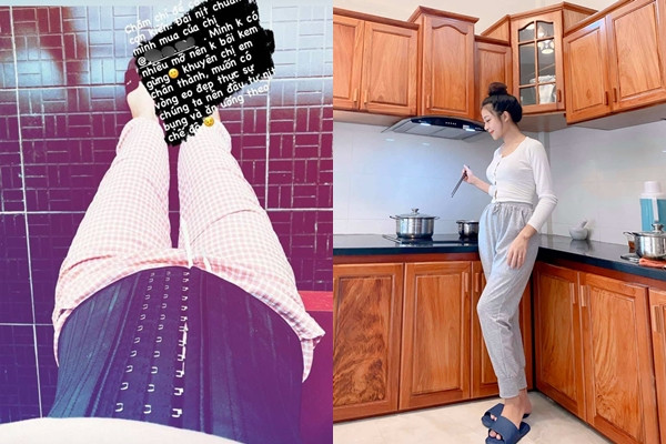 Nàng WAGs Nhật Linh cũng gia nhập hội mẹ bầu giảm cân nhanh chóng sau sinh. Bí quyết để có được vòng eo thon gọn chỉ 1 tháng sau sinh của cô nàng là áp dụng chế độ ăn uống điều độ và kết hợp sử dụng đai nịt bụng. 
