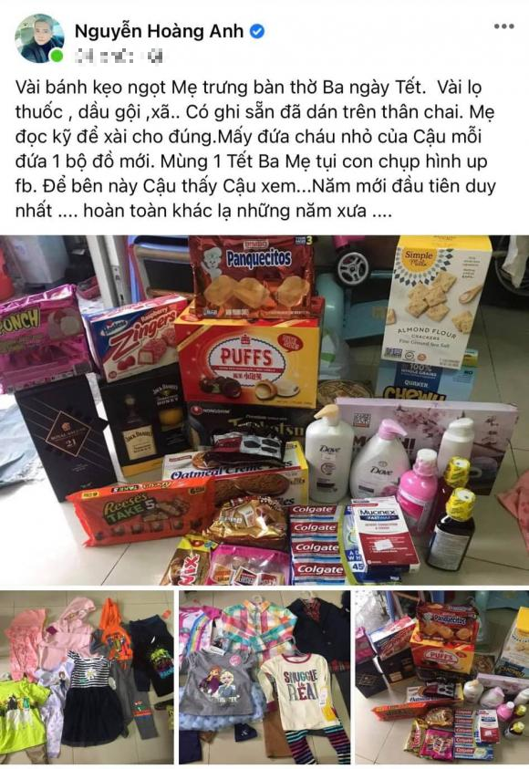 Hoàng Anh đăng tải hình ảnh quà cáp được anh mua sắm để gửi về Việt Nam cho mẹ và các cháu 