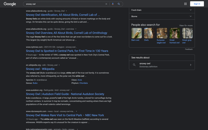 Độ tương phản trên trang Google Search ở chế chế độ Dark Mode vừa đủ, không quá chói cũng không quá khó đọc như một số ứng dụng khác.(Ảnh: 9to5Google)