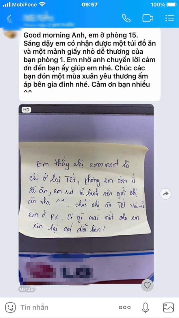 Để lại đồ ăn kèm tờ giấy nhắn, nữ sinh khiến người chị ở cùng dãy trọ rưng rưng xúc động. Nguồn: Thiên Thu/Group Cháo hành miễn phí