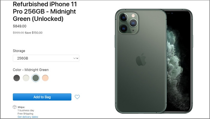 iPhone 11 Pro 256GB có giá 849 USD, tiết kiệm 150 USD so với hàng mới. (Ảnh chụp màn hình)