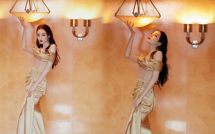 Địch Lệ Nhiệt Ba khoe thân hình ngọc ngà trong váy đuôi cá vàng kim lấp lánh Ảnh 2