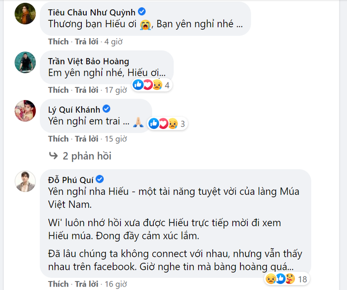 Nhiều sao Việt để lại những bình luận trên trang cá nhân của cố nghệ sĩ múa Mai Trung Hiếu. Ảnh chụp màn hình