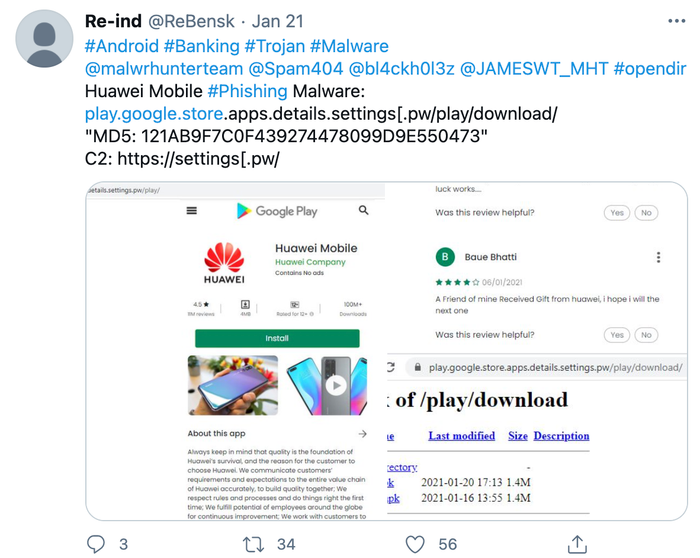 Phần mềm độc hại này lần đầu tiên được báo cáo bởi người dùng Twitter @ReBensk. (Ảnh: @ReBensk)
