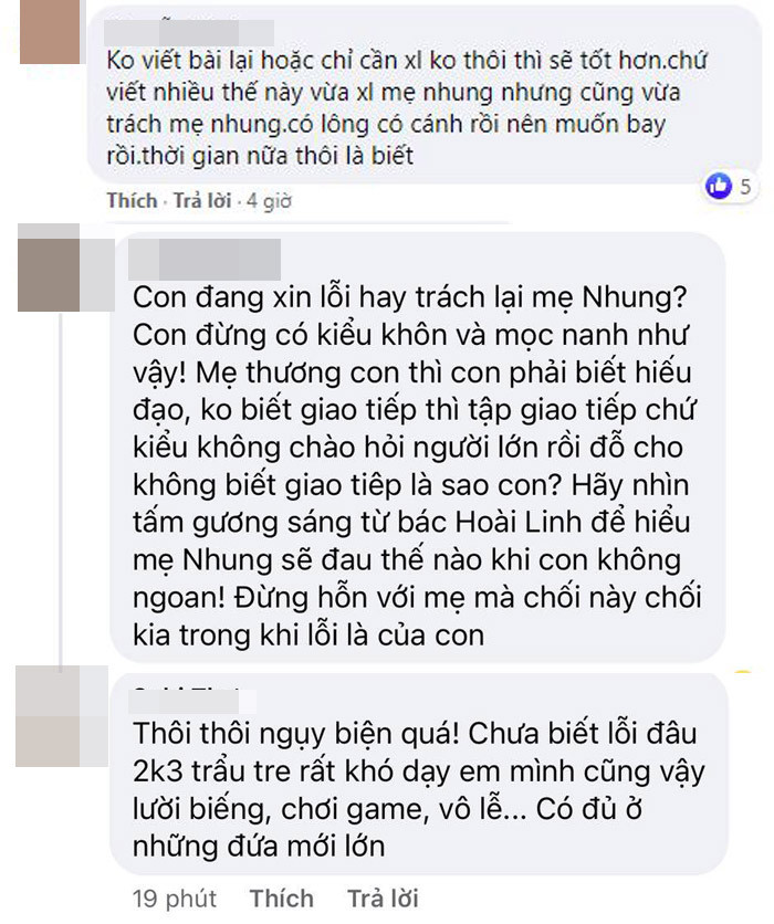 Một số người vẫn chỉ trích Hồ Văn Cường dù cậu đã lên tiếng xin lỗi Phi Nhung.&nbsp;