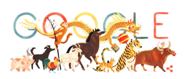Google Doodle năm nay lấy hình ảnh của 12 con giáp đang nắm lấy bánh chưng, cành đào dắt nhau đi chào đón năm mới Tân Sửu 2021. (Ảnh chụp màn hình)