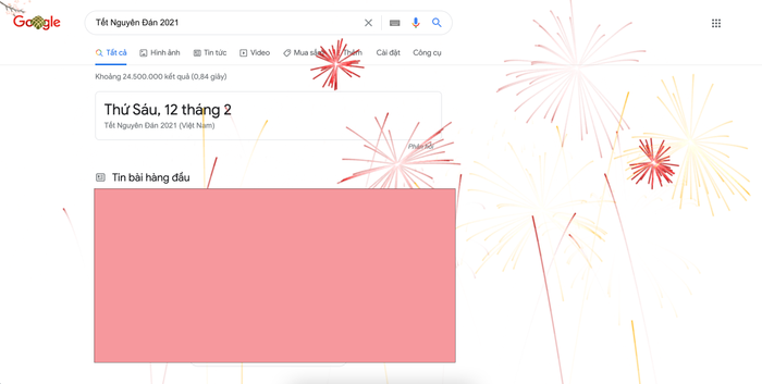 Hiệu ứng pháo hoa sẽ kéo dài trong vòng 5 giây khi người dùng gõ từ khoá 'Tết' hoặc Tết Nguyên Đán 2021 trên thanh công cụ của Google. (Ảnh chụp màn hình)