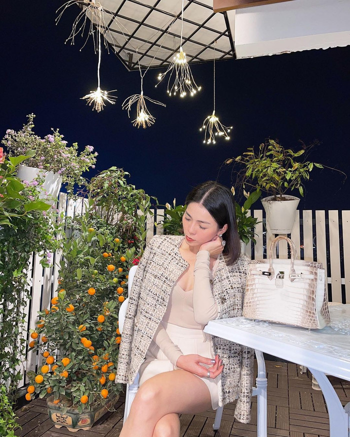 Điểm nhấn trong hình là chiếc túi Hermes da cá sấu bạch tạng thuộc hàng hiếm, khó sở hữu. 