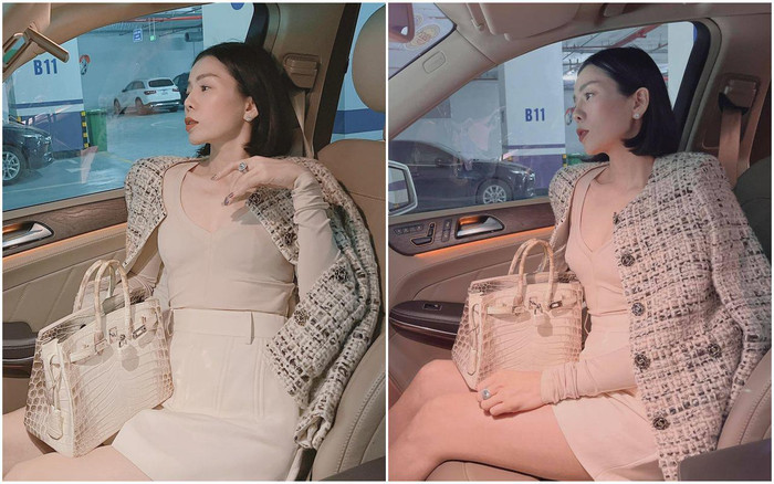 Set đồ mang tông trắng thanh khiết được nhấn nhá bằng mẫu túi Hermes da cá sấu bạch tạng đắt giá. 