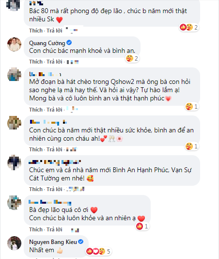 Sau khi chia sẻ, nhiều khán giả và bạn bè đồng nghiệp đã để lại bình luận khen ngợi đến tài năng, nhan sắc và thần thái ở tuổi 80 của mẹ Lệ Quyên cũng như lời chúc sức khỏe đến bà
