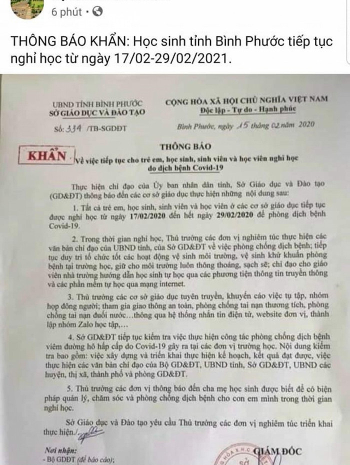 Thông báo cho học sinh Bình Phước nghỉ học từ 17 - 29/2 là không chính xác.