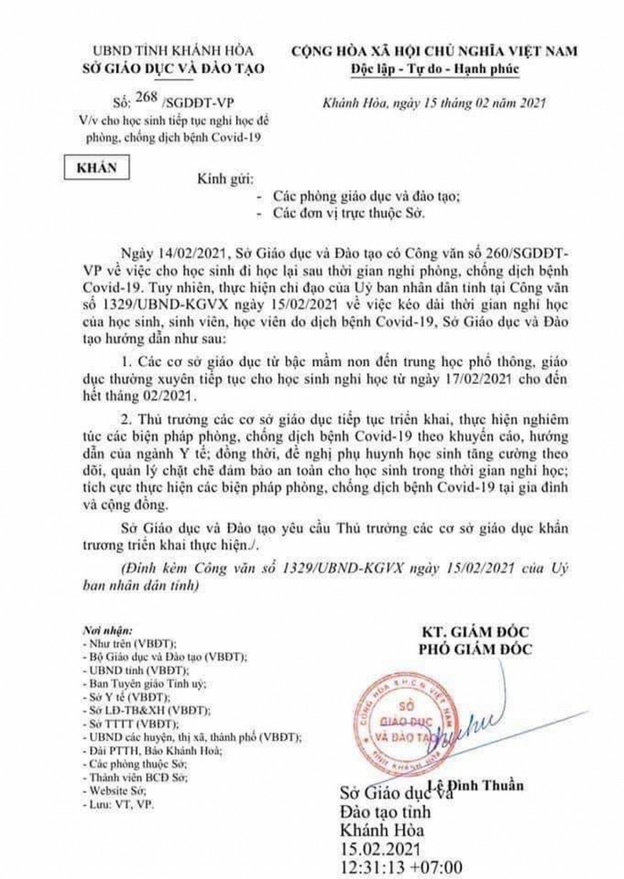 Thông tin nghỉ học ở Khánh Hòa là giả mạo