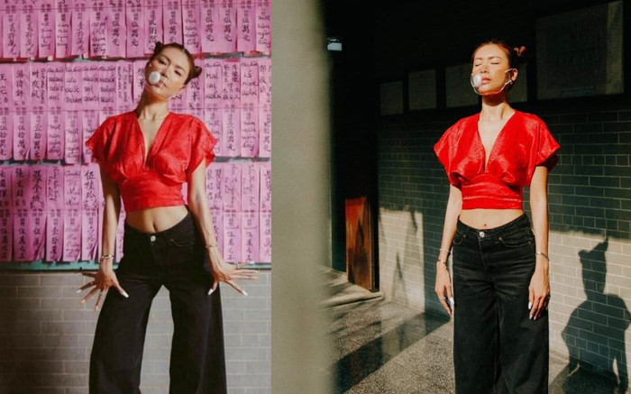 Minh Tú bị la ó không thương tiếc vì mặc áo hở eo, cắt xẻ ngực sâu, chụp ảnh trong chùa Ảnh 2