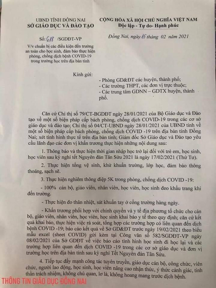 Trước đó, học sinh Đồng Nai được thông báo thời gian đến trường sau kỳ nghỉ Tết là ngày 17/2 (tức mùng 6 Tết).