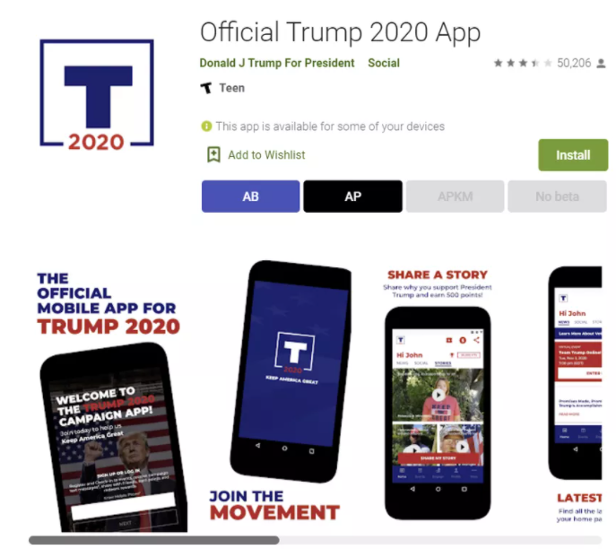 Ứng dụng Google Trump 2020 App trên Google Play Store trước khi bị gỡ bỏ. Ảnh chụp màn hình