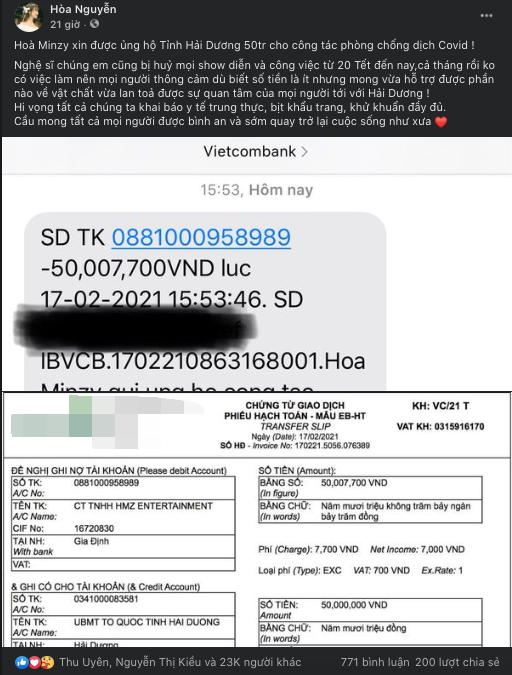 Xót xa trước tình hình dịch COVID-19 ở Hải Dương, Hoà Minzy ủng hộ tiền hỗ trợ công tác phòng chống dịch Ảnh 1