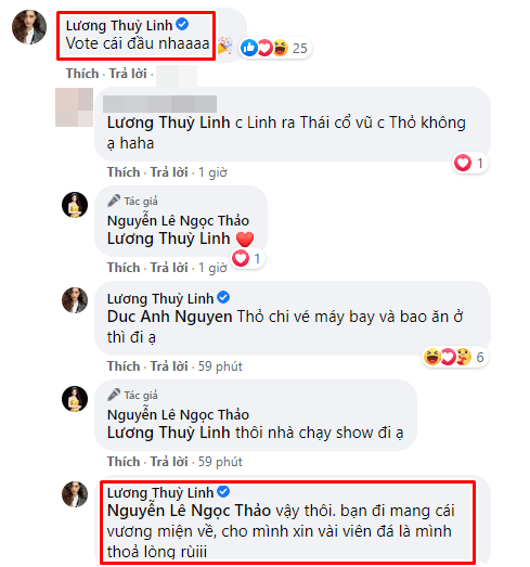Lương Thùy Linh cũng đồng quan điểm với á hậu Kiều Loan cùng lời chúc đầy may mắn cho Ngọc Thảo.