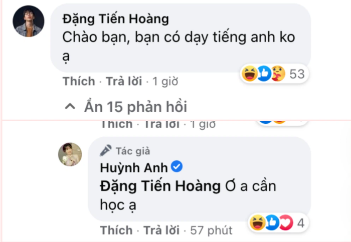 Mr. Sự nghiệp cũng nhanh chóng vào bình luận ''góp vui'' status của Huỳnh Anh (Ảnh chụp Facebook nhân vật)