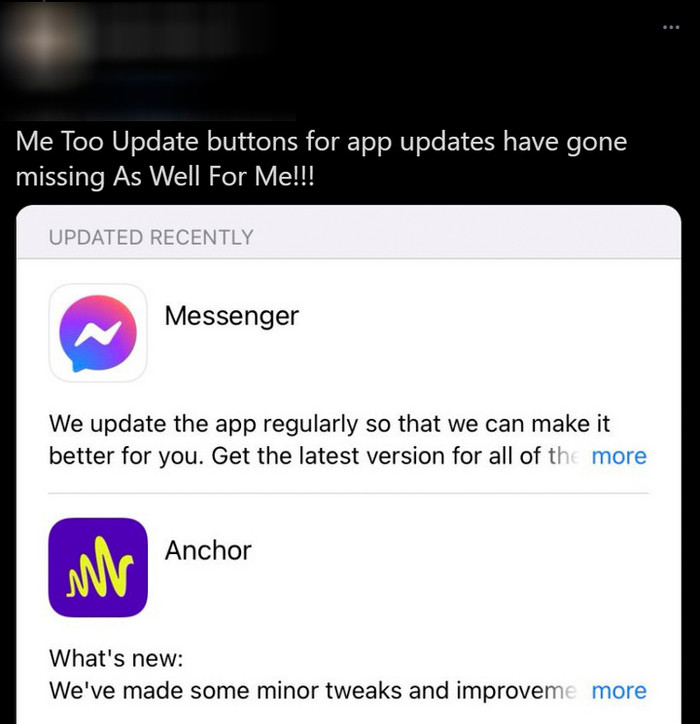 'Tôi bị giống hệt luôn. Nút 'Update' chạy đâu mất rồi', một người dùng đồng cảnh ngộ. (Ảnh chụp màn hình)