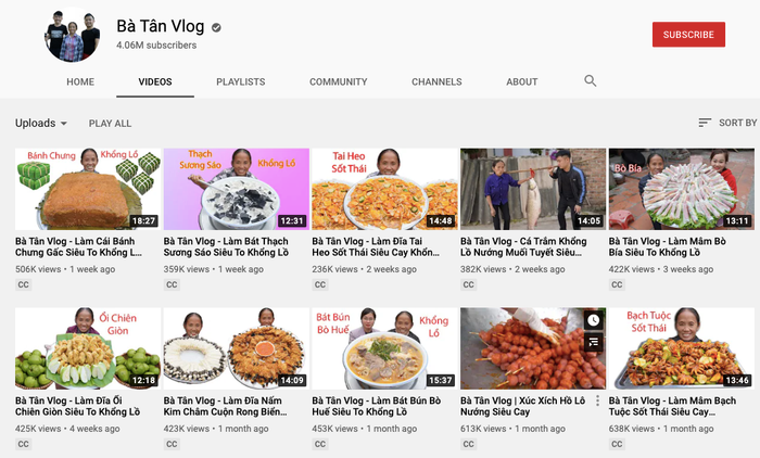 10 video mới nhất của Bà Tân Vlog đều có lượng lượt xem 'lẹt đẹt' so với bình thường. Ảnh chụp màn hình