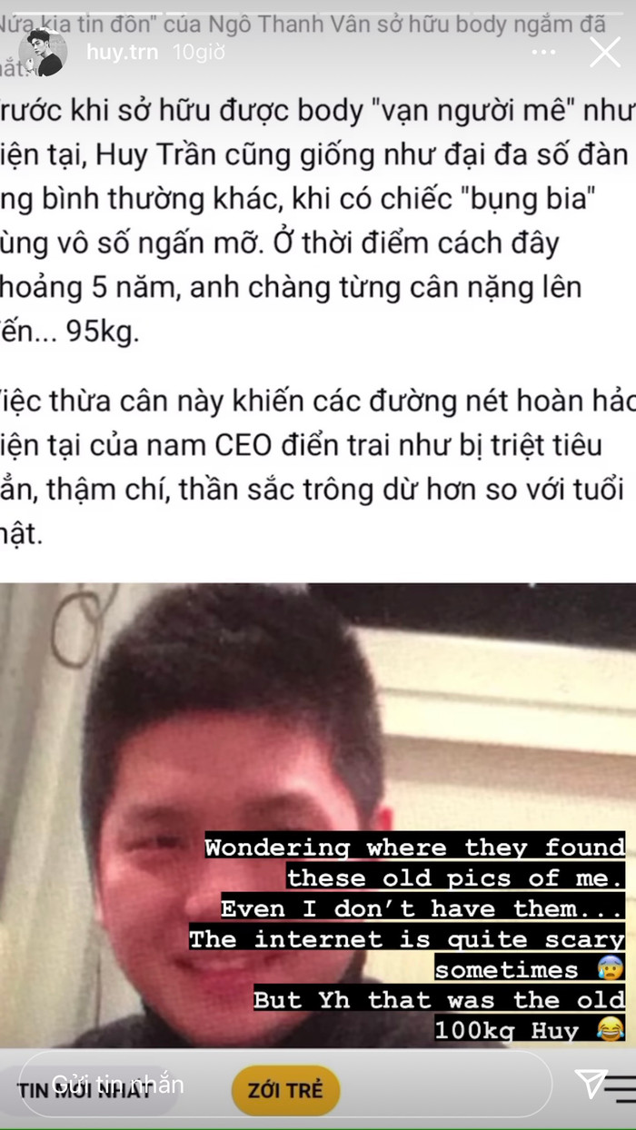 Phản ứng của Huy Trần trên trang cá nhân