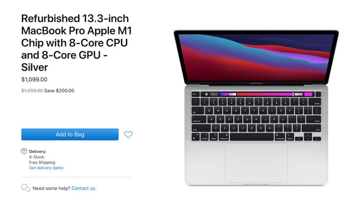 Apple đang bán MacBook Pro 13 inch chip M1 bản tân trang với giá 1.099 USD (khoảng 25 triệu đồng), rẻ hơn khoảng 5 triệu đồng so với phiên bản mới 100%. (Ảnh: MacRumors)