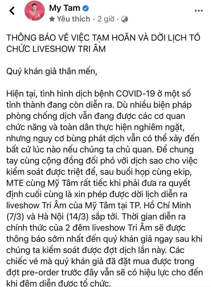 Mỹ Tâm hoãn và dời lịch liveshow Tri Âm vì COVID-19 Ảnh 2