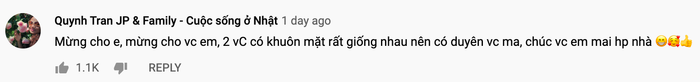'Mừng cho em, mừng cho vợ chồng em, 2 vợ chồng có khuôn mặt rất giống nhau nên có duyên vợ chồng mà, chúc vợ chồng em mãi hạnh phúc nha', lời chúc của Quỳnh Trần JP gửi đến Sang Vlog. (Ảnh chụp màn hình)