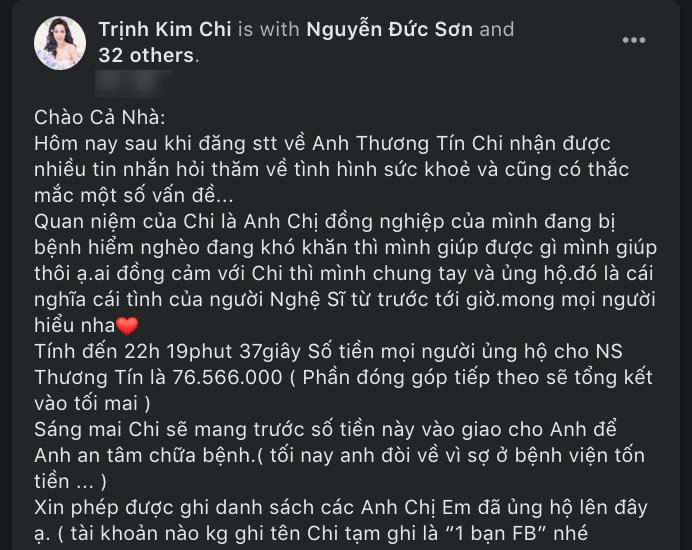 Nghệ sĩ Trịnh Kim Chi thông báo về số tiền mới vừa tạm quyên góp được để giúp đỡ NS Thương Tín.