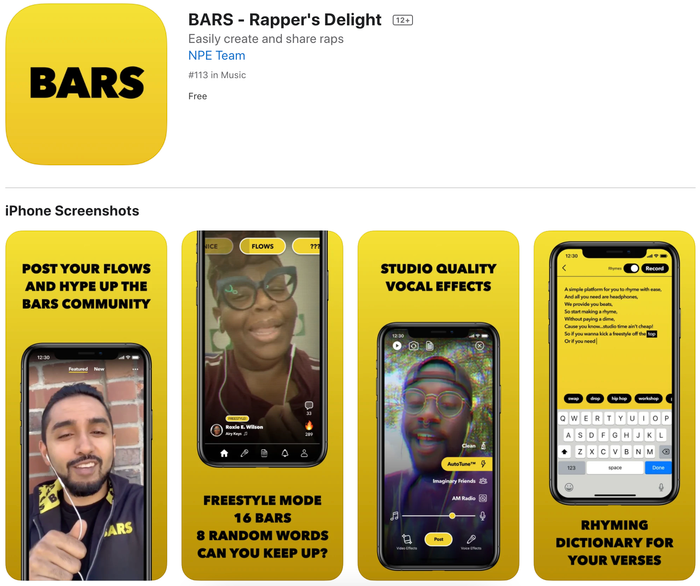 Facebook vừa bất ngờ tung ra BARS, một ứng dụng cho phép người dùng tạo và chia sẻ các video về rap. (Ảnh chụp màn hình)