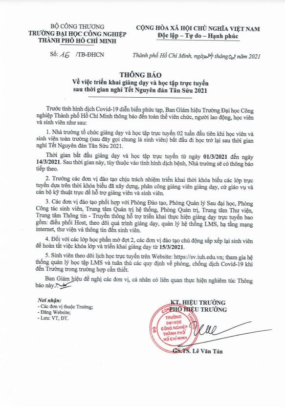 Thông báo từ phía ĐH Công nghiệp TP.HCM