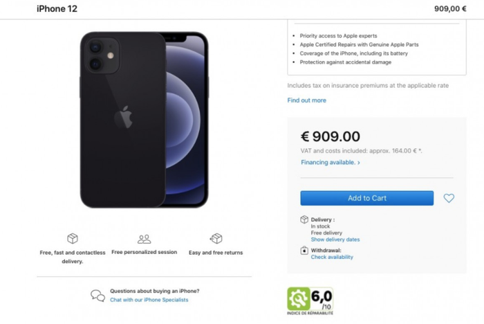 Điểm số sửa chữa của iPhone 12. Ảnh chụp màn hình