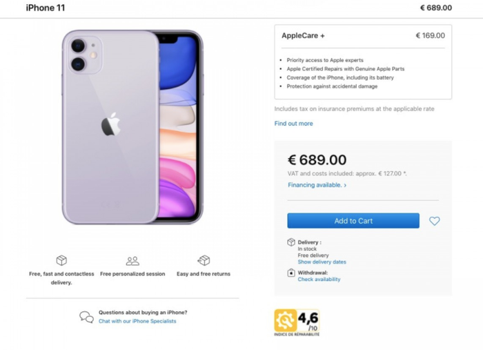 Điểm số sửa chữa của iPhone 11. Ảnh chụp màn hình