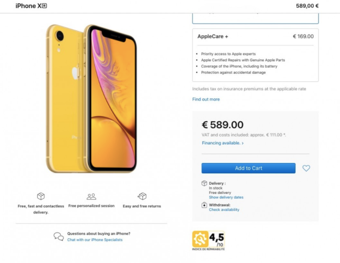 Điểm số sửa chữa của iPhone XR. Ảnh chụp màn hình