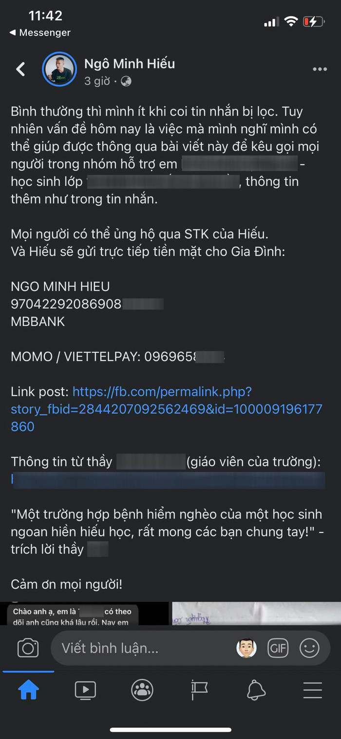 Kẻ mạo danh chuyên gia anh ninh mạng Ngô Minh Hiếu (HiếuPC) kêu gọi cộng đồng mạng quyên góp tiền, 'ủng hộ một học sinh nghèo hiếu học, mắc bệnh hiểm'. (Ảnh: Nguyễn Anh Nhân)