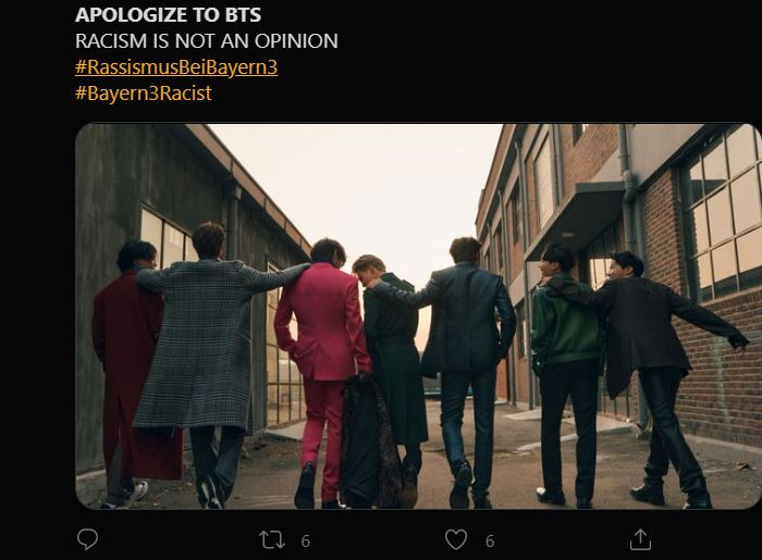 Những cụm từ, hashtag như RACISM IS NOT AN OPINION, APOLOGIZE TO BTS, #Bayern3Racist,… nhanh chóng lọt top trending Twitter.