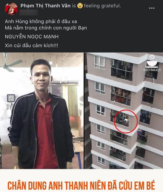 Ốc Thanh Vân ngưỡng mộ trước hành động dũng cảm của nam thanh niên xả thân cứu giúp cháu bé suýt rơi từ tầng 12 chung cư.