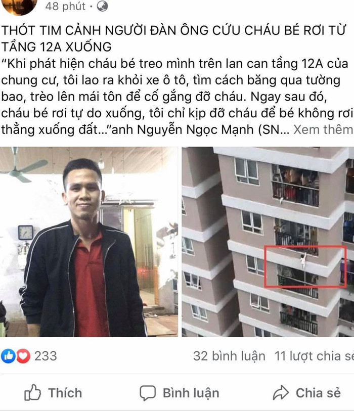 Trên mạng xã hội Facebook cũng ngập tràn lời khen tặng 'người hùng' Nguyễn Ngọc Mạnh. (Ảnh: Internet)