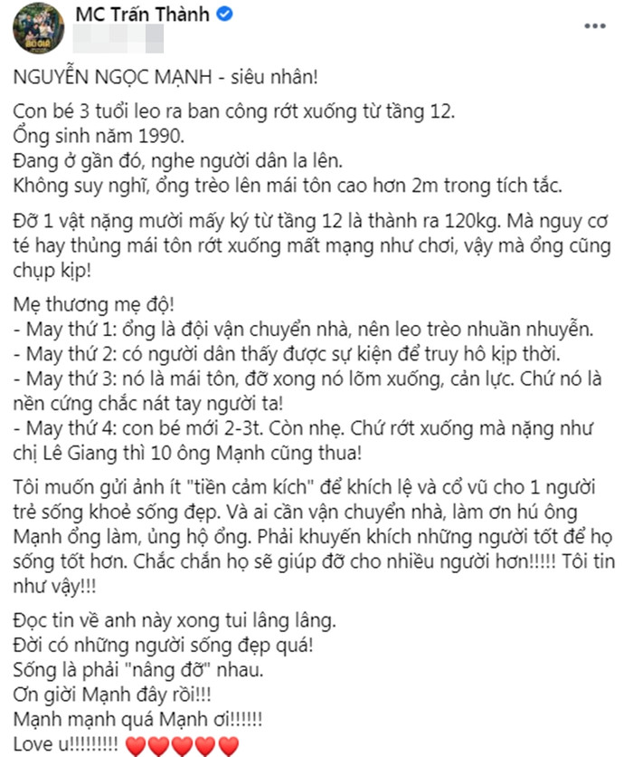 Quá xúc động, MC Trấn Thành muốn gửi 'tiền cảm kích' đến tài xế 'anh hùng' đỡ bé 2 tuổi từ tầng 12 Ảnh 1