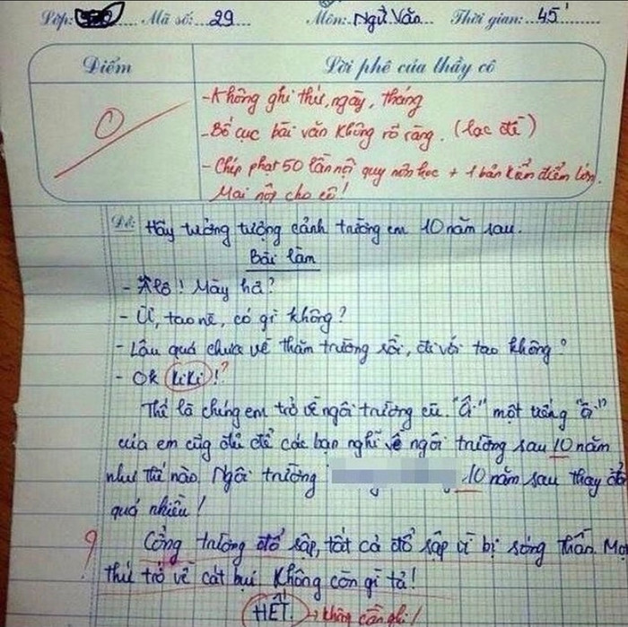 Bài văn nhận điểm 0 của giáo viên