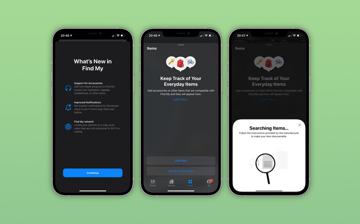 Ứng dụng Find My (Tìm) đã bổ sung thêm tab Items (Mục) cho phép người dùng theo dõi các phụ kiện kiểu như AirTags. (Ảnh: 9to5Mac)