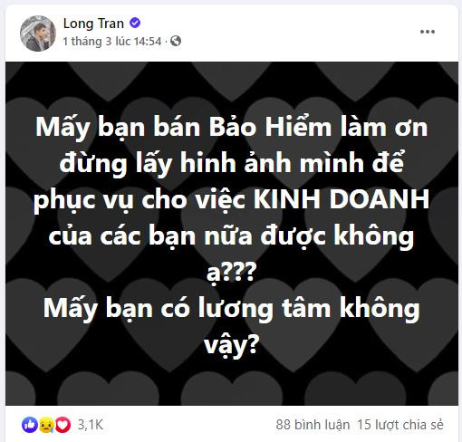 Long Chun bức xúc vì hình ảnh cá nhân và thông tin bệnh tật bị lợi dụng với mục đích bán hàng.